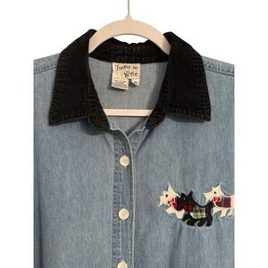 Zero to Nine Women’s Maternity Embroidered Dog Corduroy Distressed Denim Shirt M
